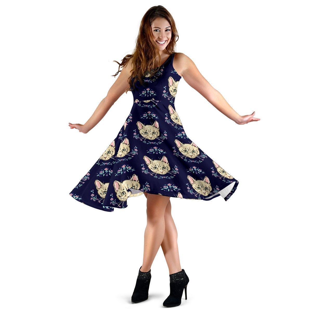 Cat Head With Flower Print Pattern Sleeveless Dress