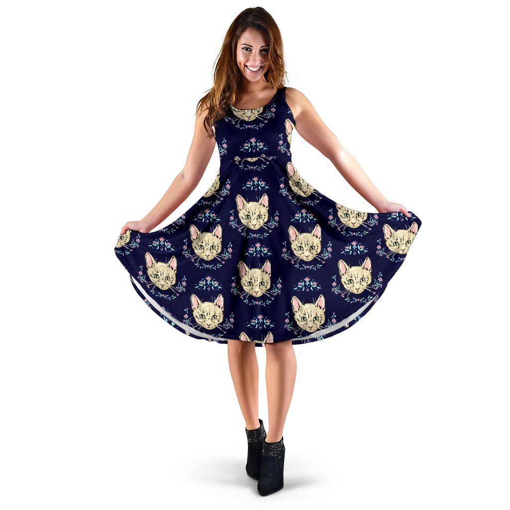 Cat Head With Flower Print Pattern Sleeveless Dress