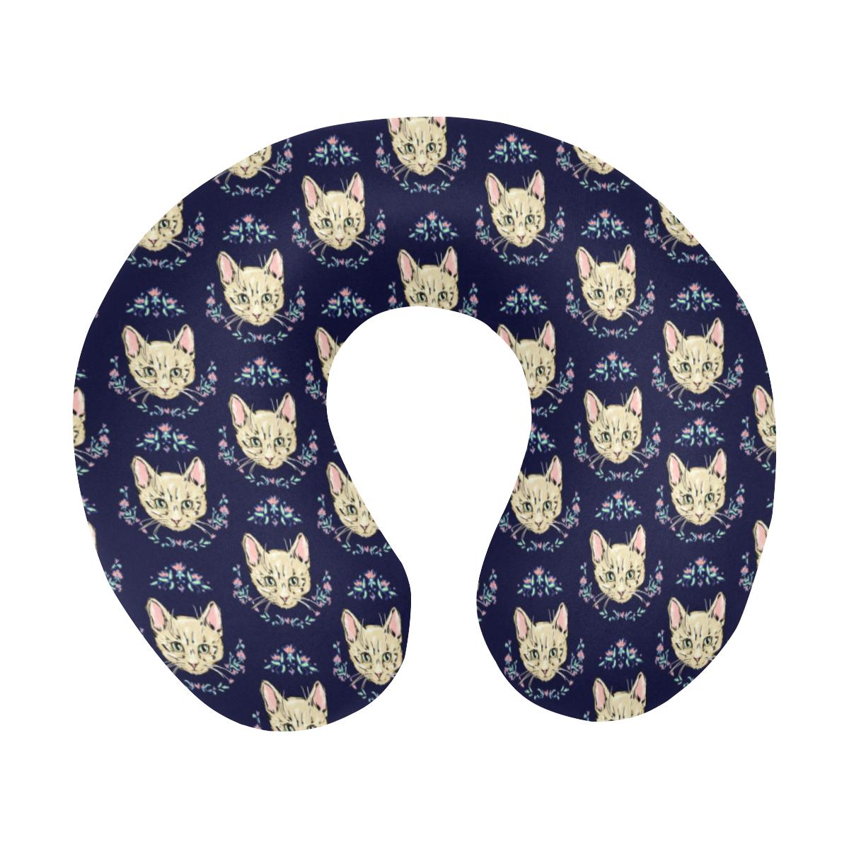 Cat Head with flower Print Pattern U-Shaped Travel Neck Pillow-JTAMIGO.COM
