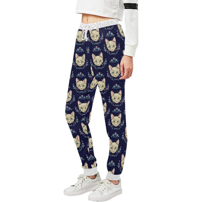 Cat Head with flower Print Pattern Unisex Casual Sweatpants (Model L11)-JTAMIGO.COM