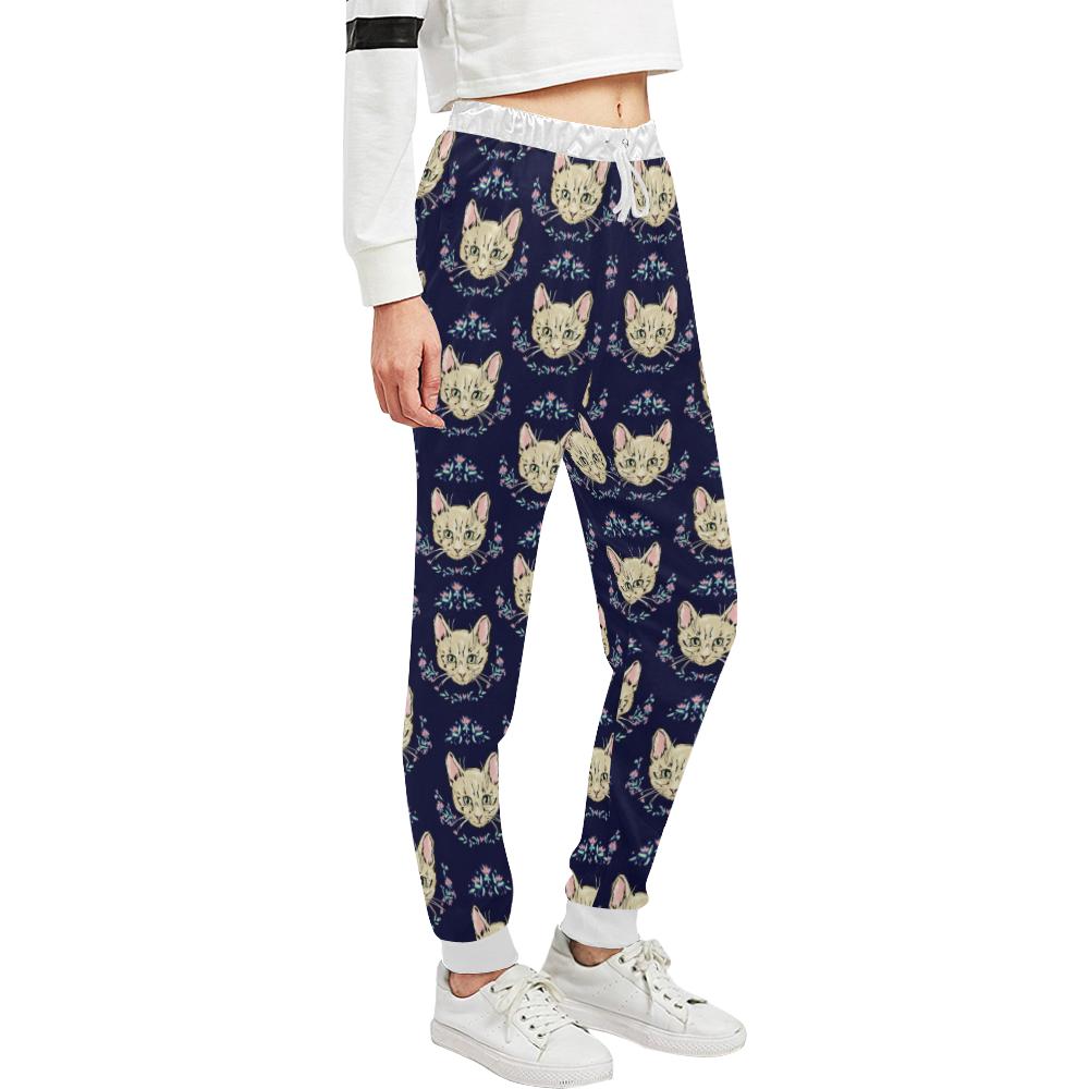 Cat Head with flower Print Pattern Unisex Casual Sweatpants (Model L11)-JTAMIGO.COM