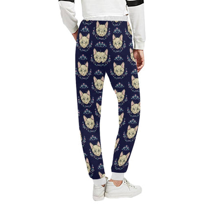 Cat Head with flower Print Pattern Unisex Casual Sweatpants (Model L11)-JTAMIGO.COM