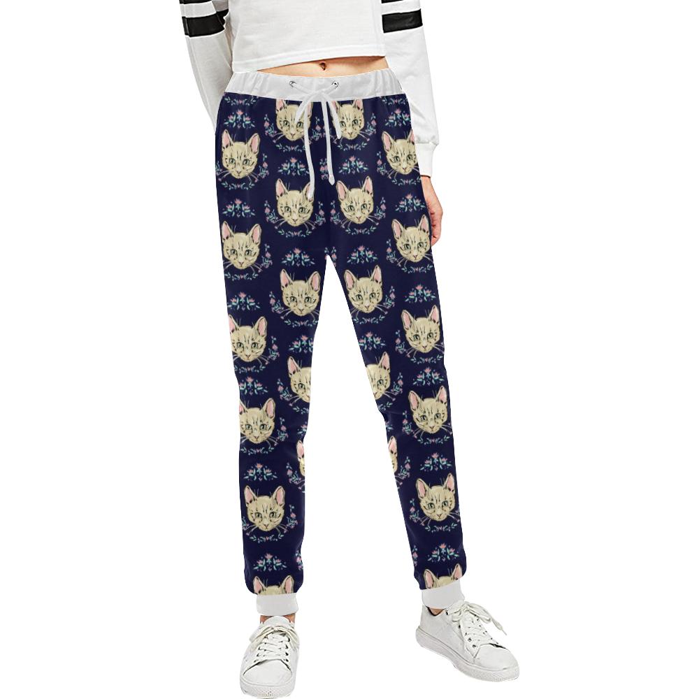 Cat Head with flower Print Pattern Unisex Casual Sweatpants (Model L11)-JTAMIGO.COM