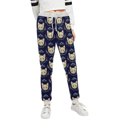 Cat Head with flower Print Pattern Unisex Casual Sweatpants (Model L11)-JTAMIGO.COM