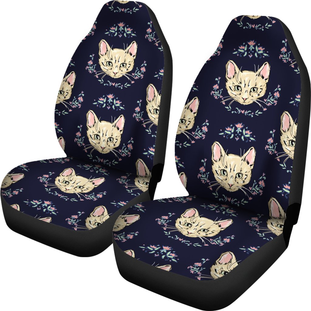 Cat Head with flower Print Pattern Universal Fit Car Seat Covers
