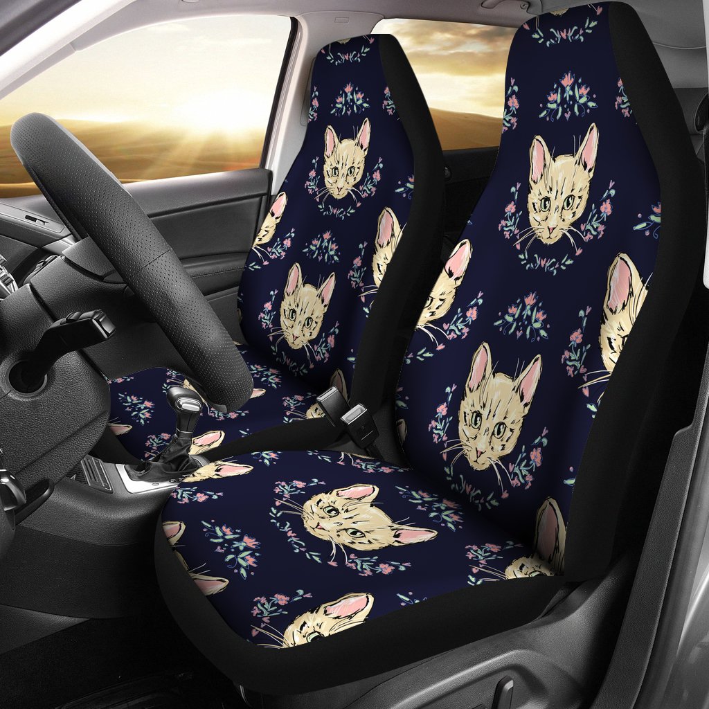Cat Head with flower Print Pattern Universal Fit Car Seat Covers