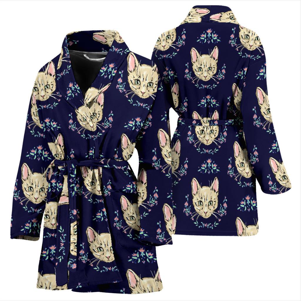 Cat Head with flower Print Pattern Women Bath Robe-JTAMIGO.COM