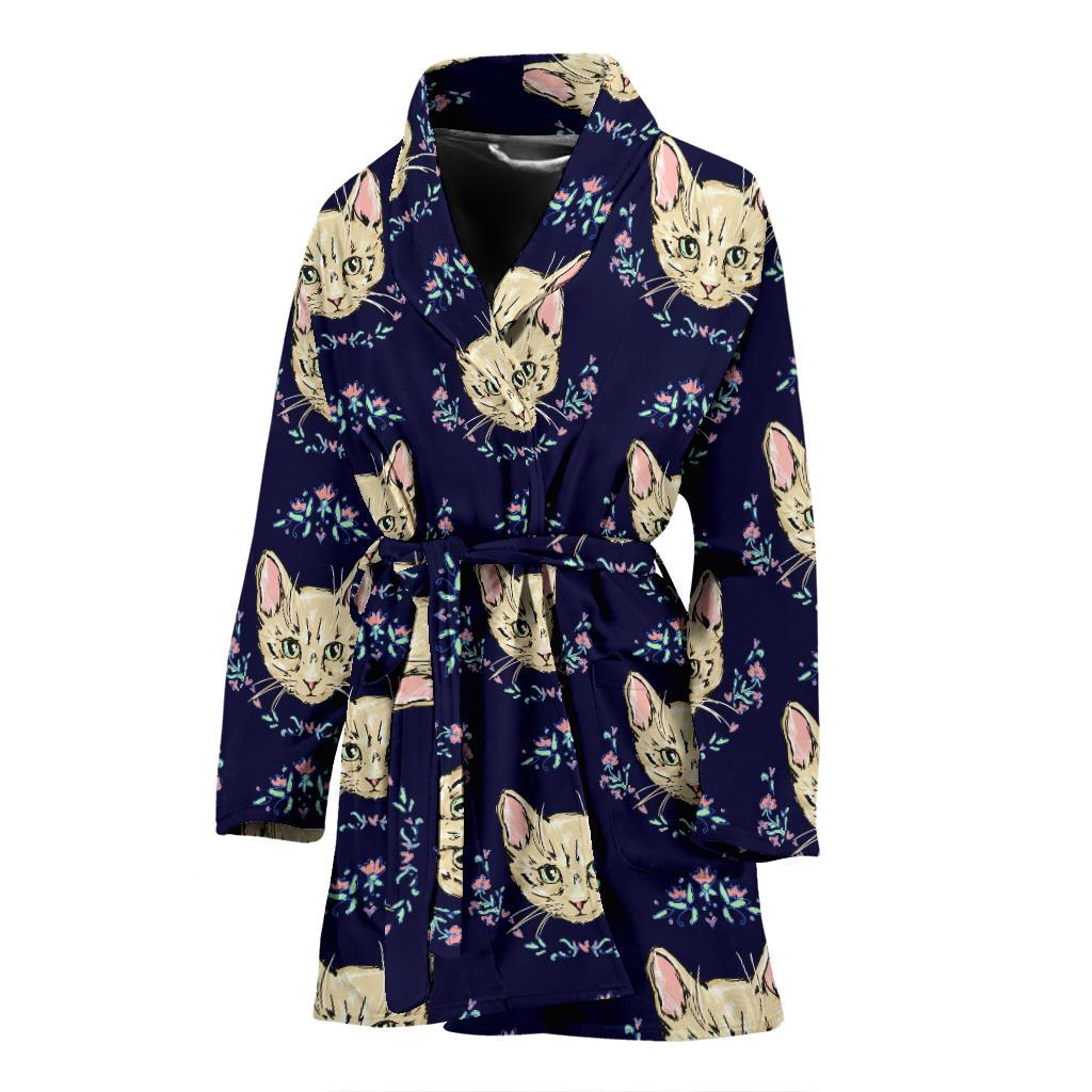 Cat Head with flower Print Pattern Women Bath Robe-JTAMIGO.COM