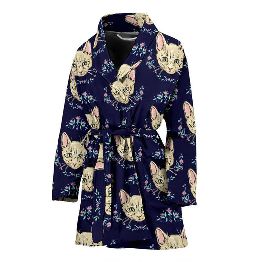 Cat Head with flower Print Pattern Women Bath Robe-JTAMIGO.COM