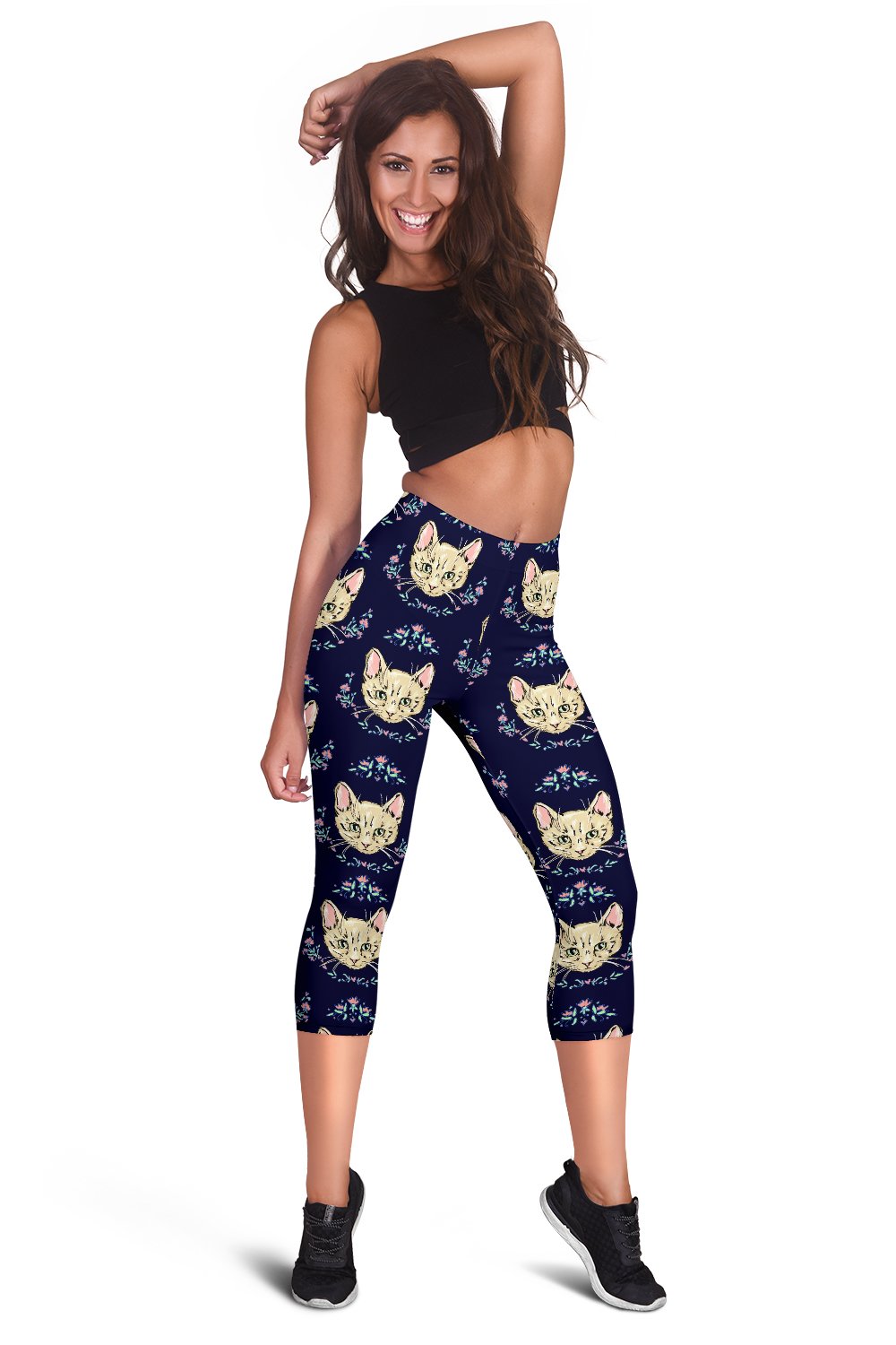 Cat Head with flower Print Pattern Women Capris