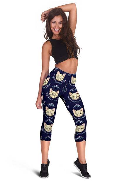 Cat Head with flower Print Pattern Women Capris