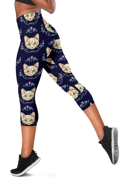 Cat Head with flower Print Pattern Women Capris