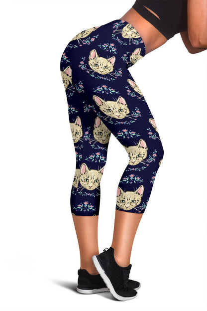 Cat Head with flower Print Pattern Women Capris
