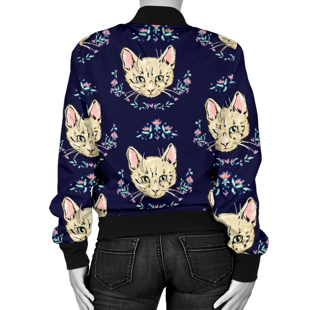 Cat Head With Flower Print Pattern Women Casual Bomber Jacket