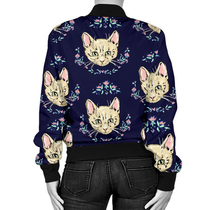 Cat Head With Flower Print Pattern Women Casual Bomber Jacket