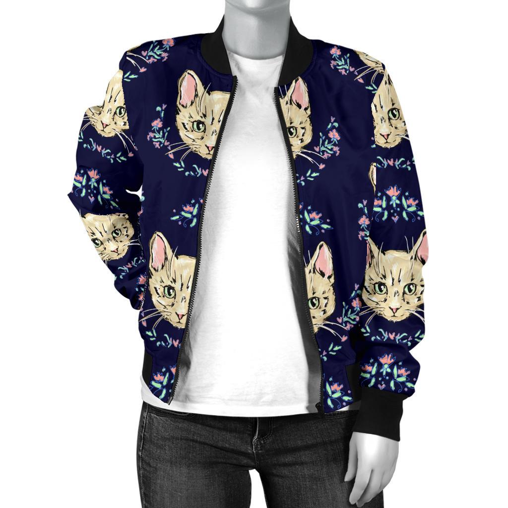 Cat Head With Flower Print Pattern Women Casual Bomber Jacket
