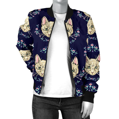 Cat Head With Flower Print Pattern Women Casual Bomber Jacket