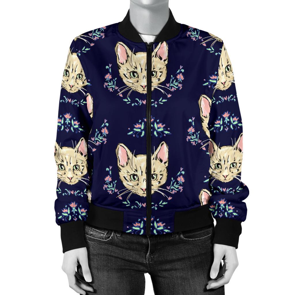 Cat Head With Flower Print Pattern Women Casual Bomber Jacket