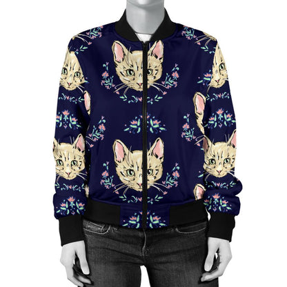 Cat Head With Flower Print Pattern Women Casual Bomber Jacket