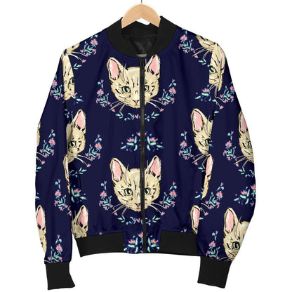 Cat Head With Flower Print Pattern Women Casual Bomber Jacket
