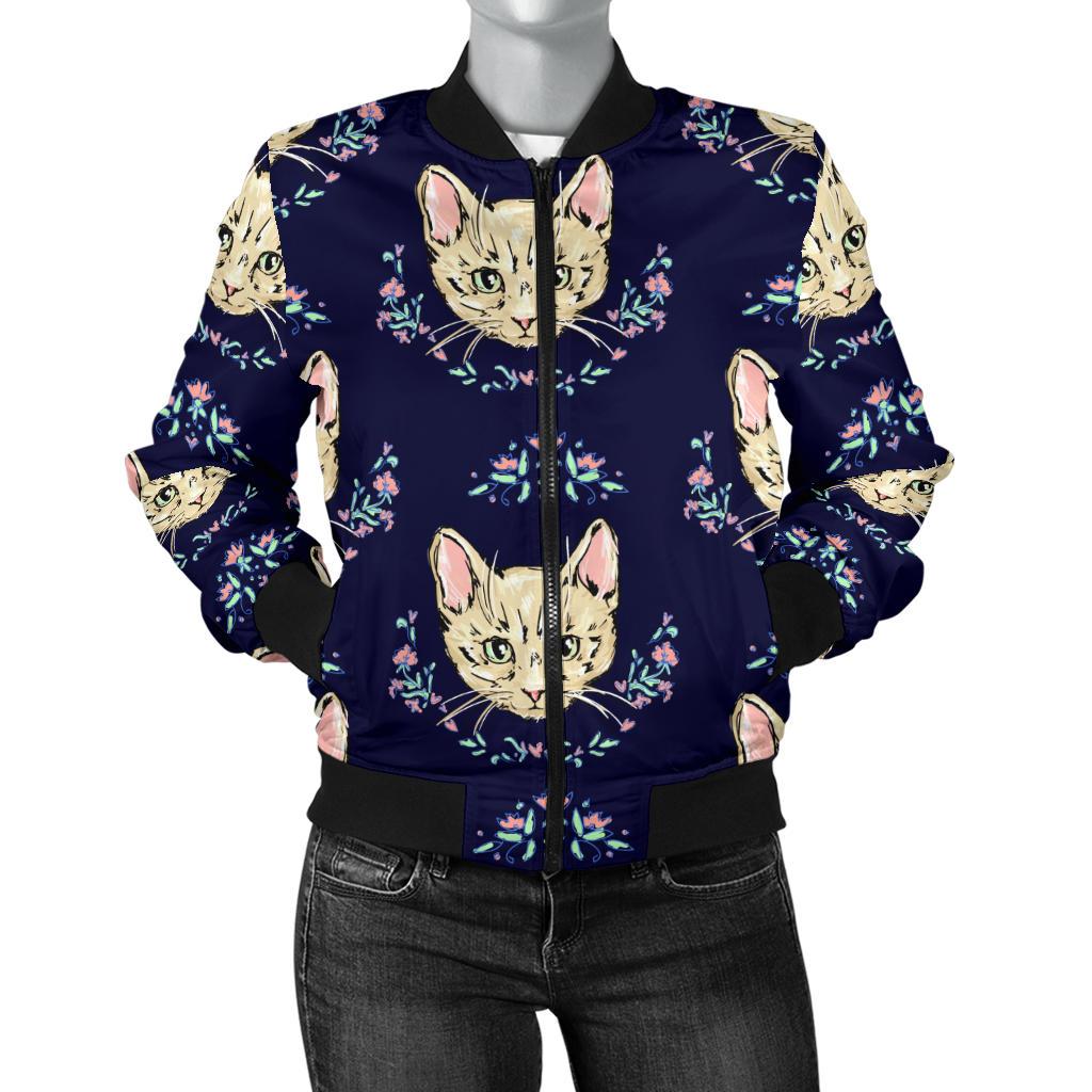 Cat Head With Flower Print Pattern Women Casual Bomber Jacket