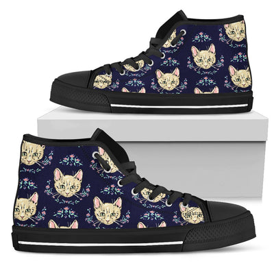 Cat Head with Flower Print Pattern Women High Top Shoes