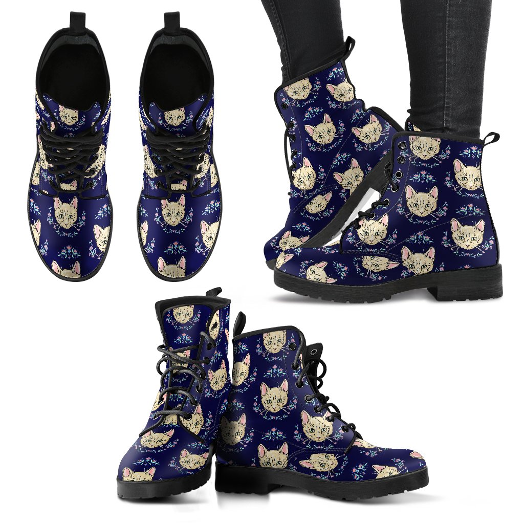 Cat Head with flower Print Pattern Women Leather Boots-JTAMIGO.COM