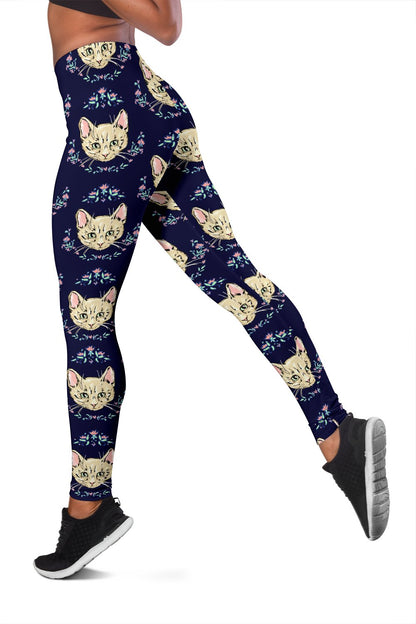 Cat Head with flower Print Pattern Women Leggings