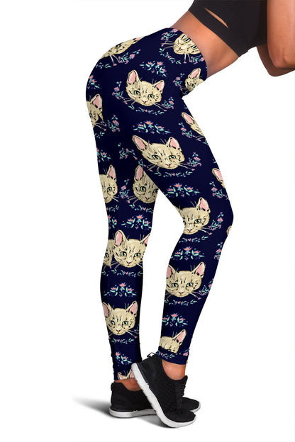 Cat Head with flower Print Pattern Women Leggings