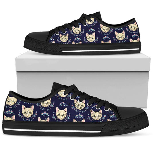 Cat Head with flower Print Pattern Women Low Top Shoes