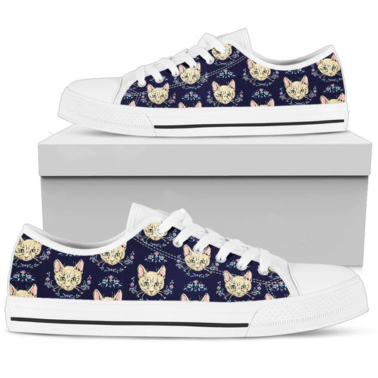 Cat Head with flower Print Pattern Women Low Top Shoes