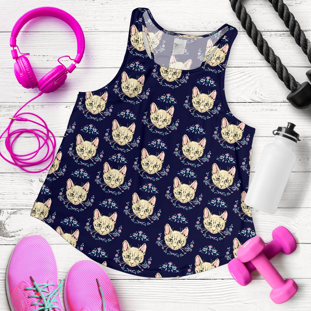 Cat Head With Flower Print Pattern Women Racerback Tank Top