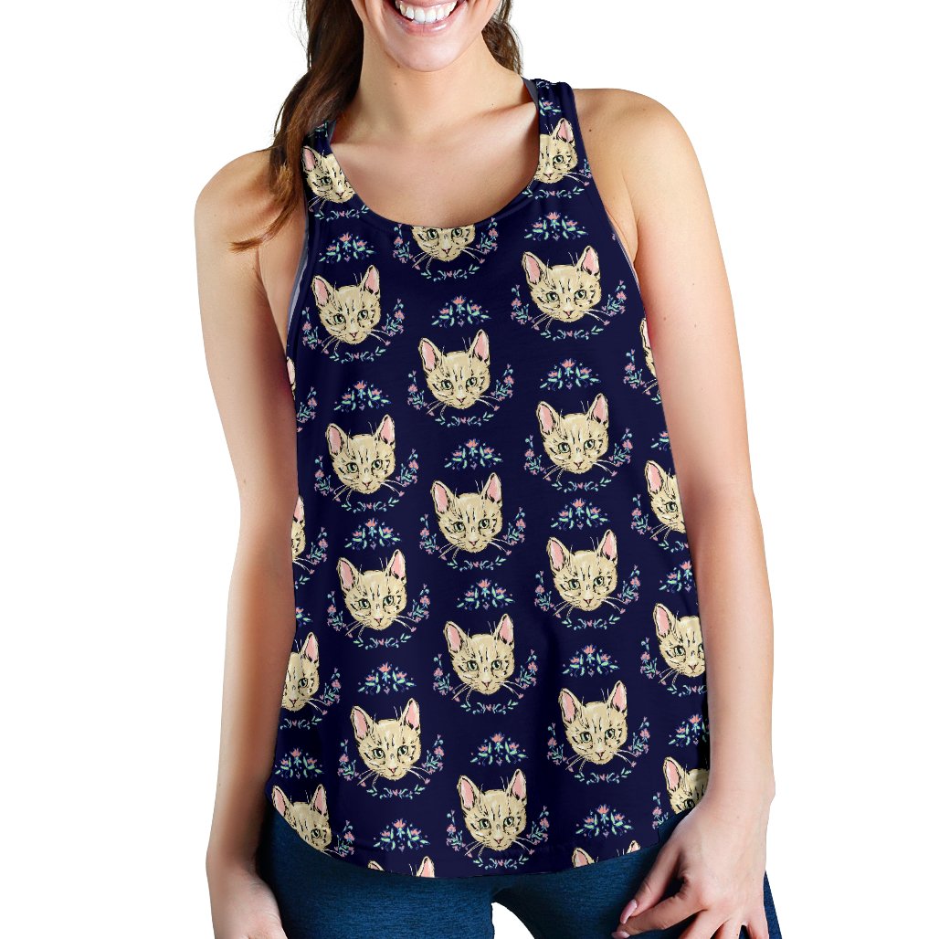 Cat Head With Flower Print Pattern Women Racerback Tank Top