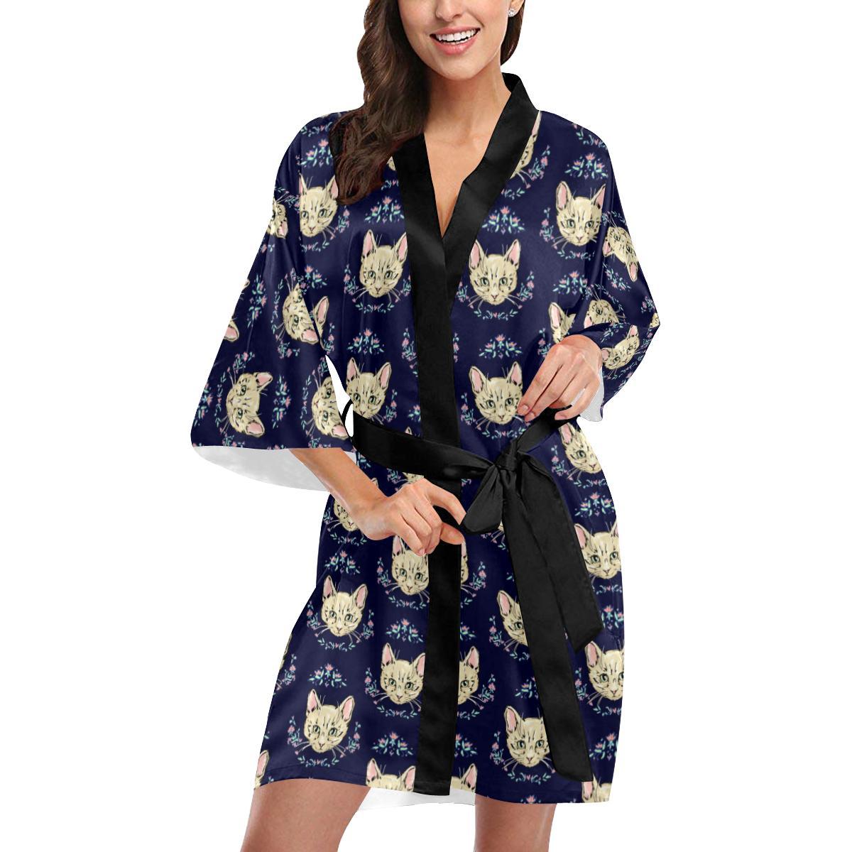 Cat Head with flower Print Pattern Women Short Kimono Robe