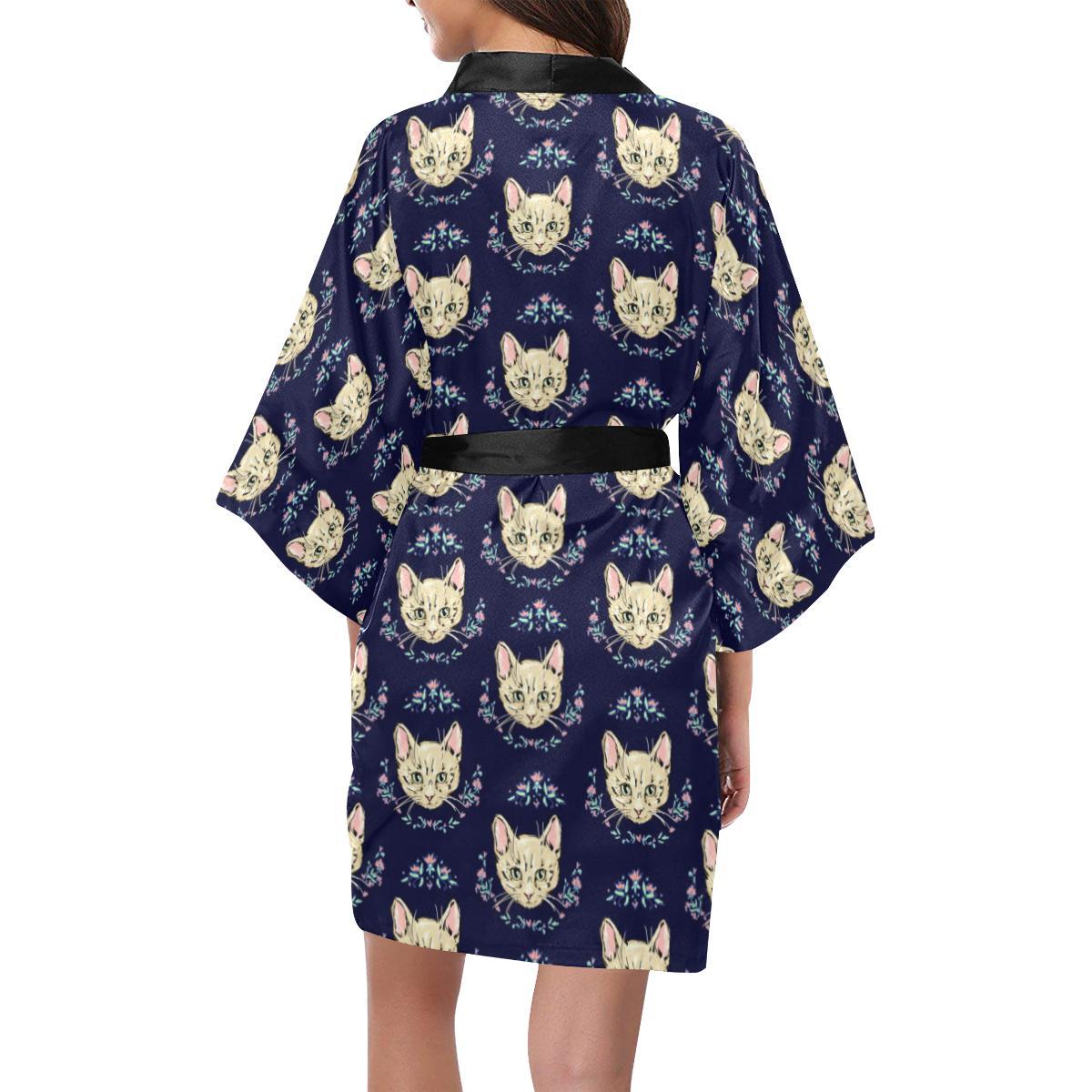Cat Head with flower Print Pattern Women Short Kimono Robe