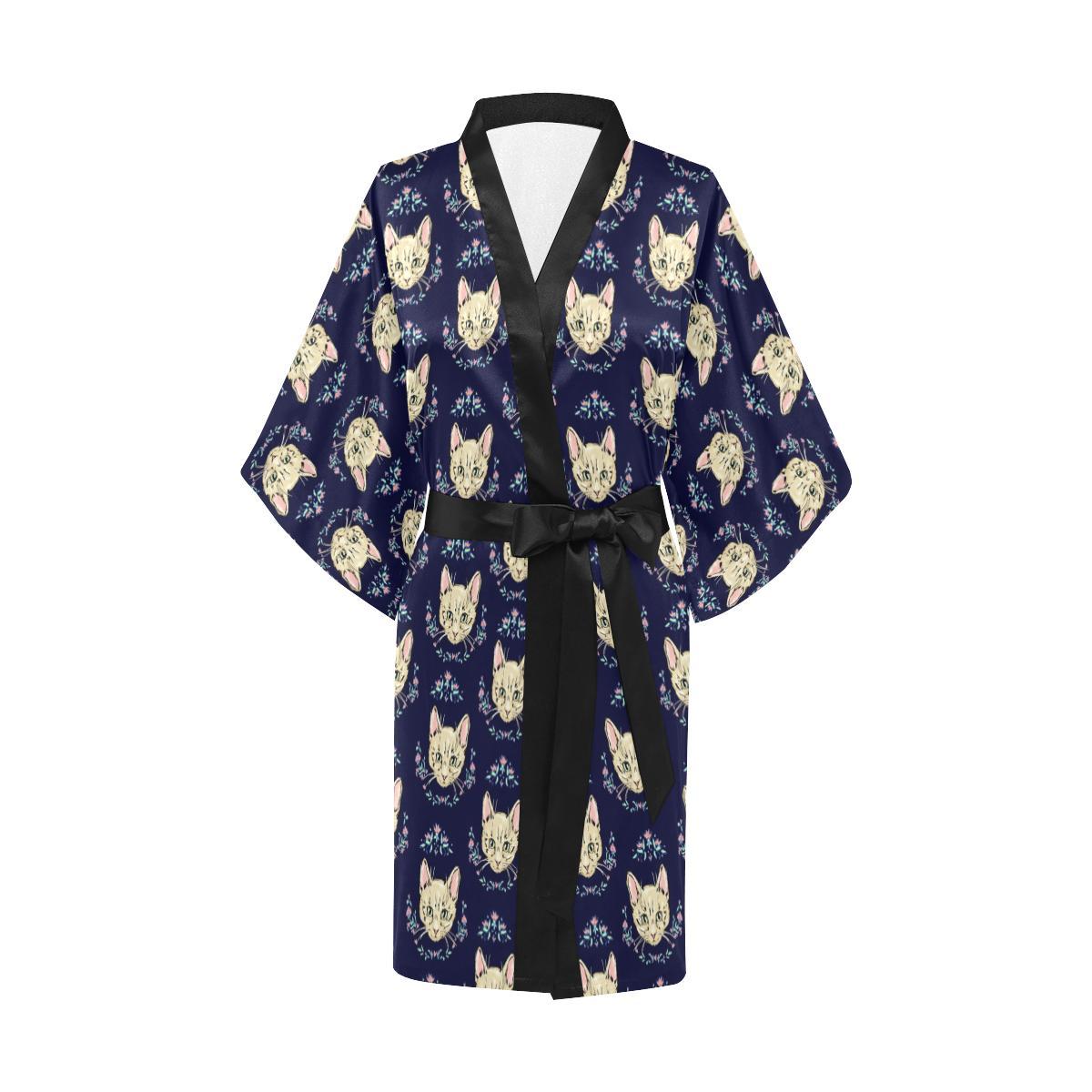 Cat Head with flower Print Pattern Women Short Kimono Robe