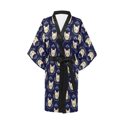 Cat Head with flower Print Pattern Women Short Kimono Robe