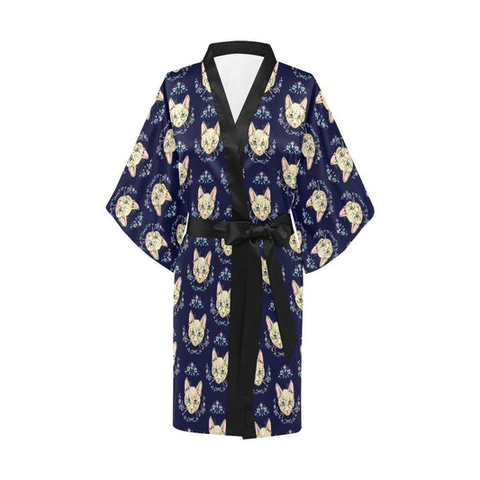 Cat Head with flower Print Pattern Women Short Kimono Robe