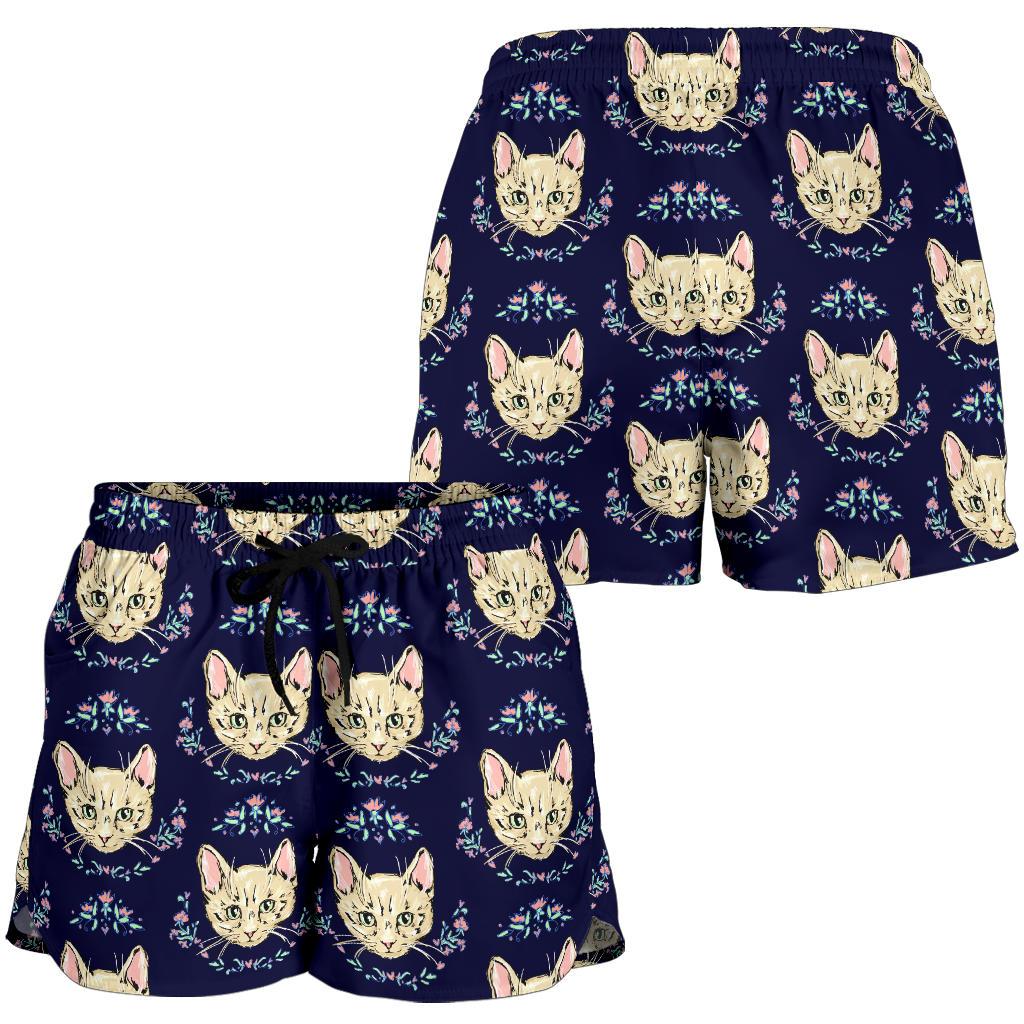 Cat Head with flower Print Pattern Women Shorts-JTAMIGO.COM