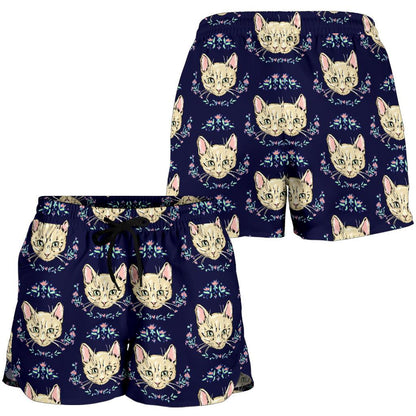 Cat Head with flower Print Pattern Women Shorts-JTAMIGO.COM