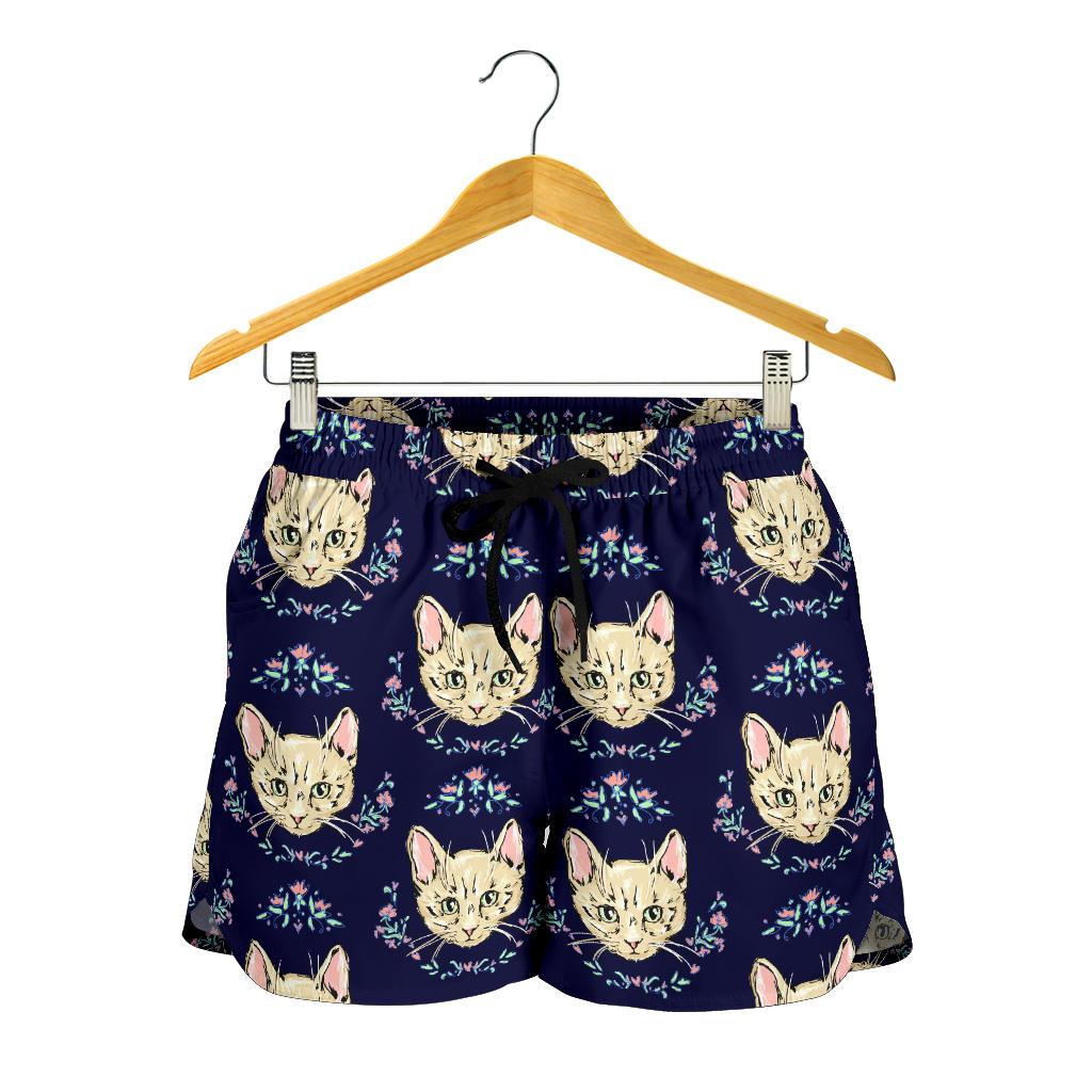 Cat Head with flower Print Pattern Women Shorts-JTAMIGO.COM
