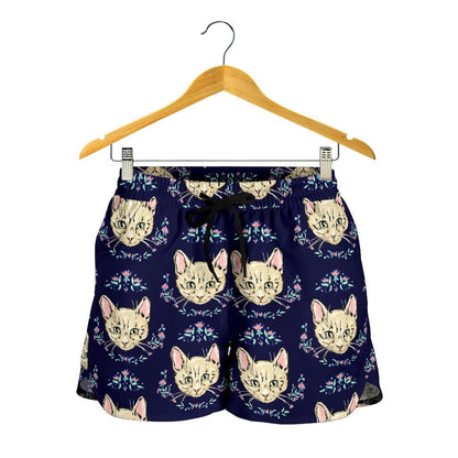 Cat Head with flower Print Pattern Women Shorts-JTAMIGO.COM