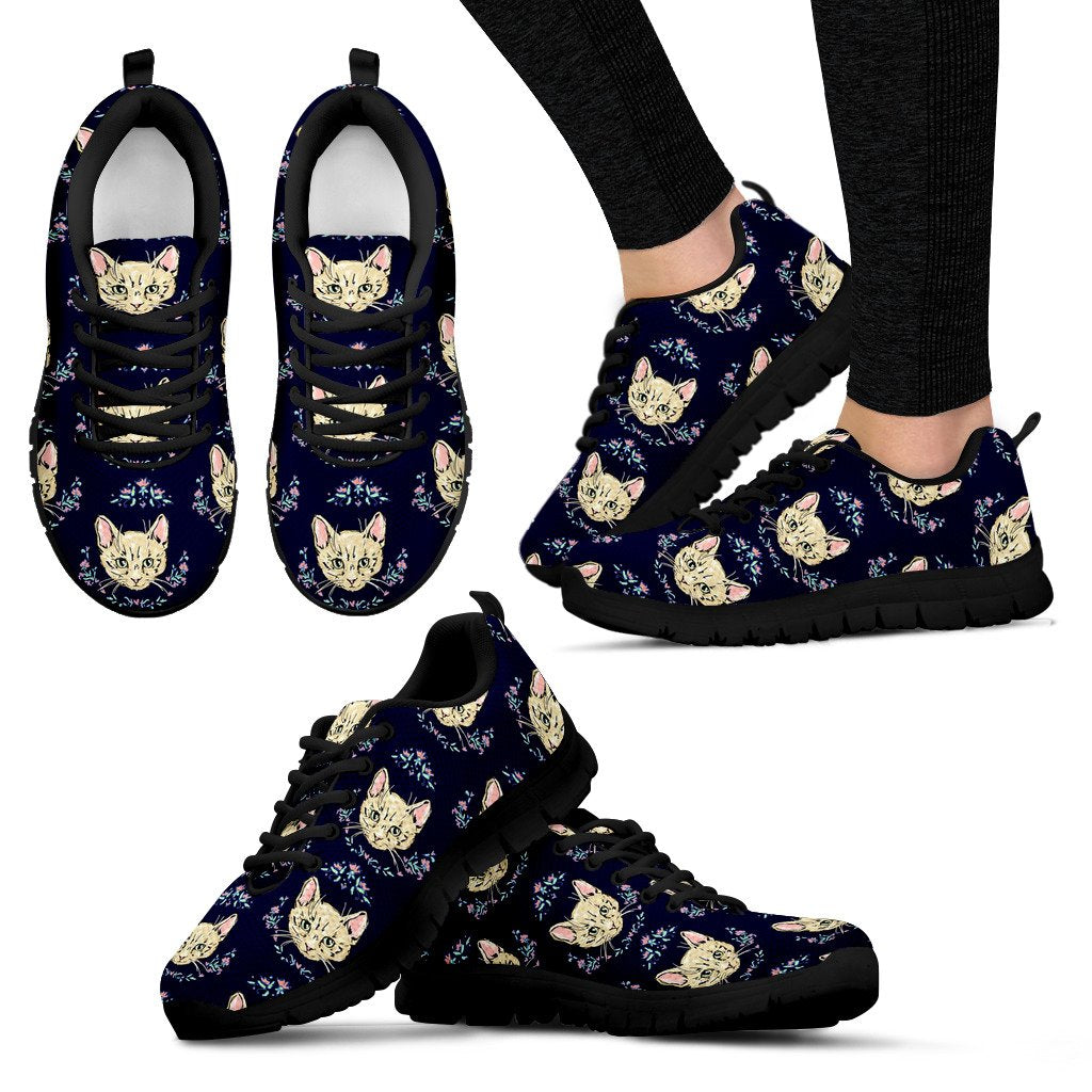 Cat Head With Flower Print Pattern Women Sneakers Shoes