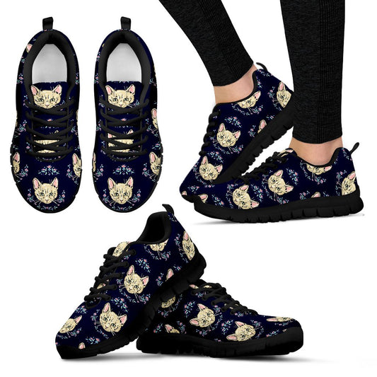 Cat Head With Flower Print Pattern Women Sneakers Shoes