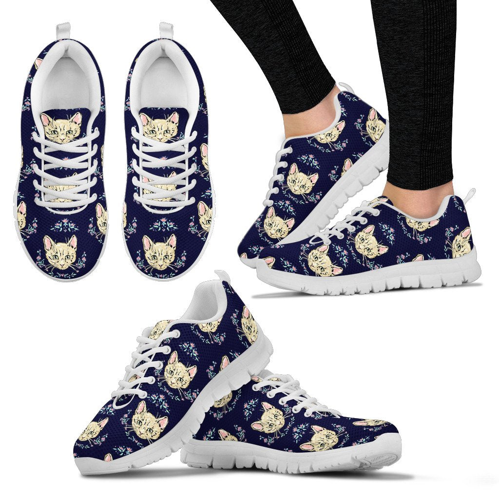 Cat Head With Flower Print Pattern Women Sneakers Shoes