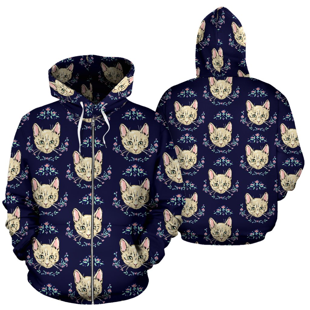 Cat Head with Flower Print Pattern Zip Up Hoodie