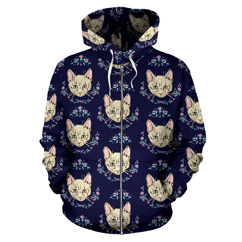 Cat Head with Flower Print Pattern Zip Up Hoodie