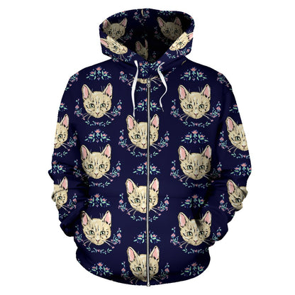 Cat Head with Flower Print Pattern Zip Up Hoodie