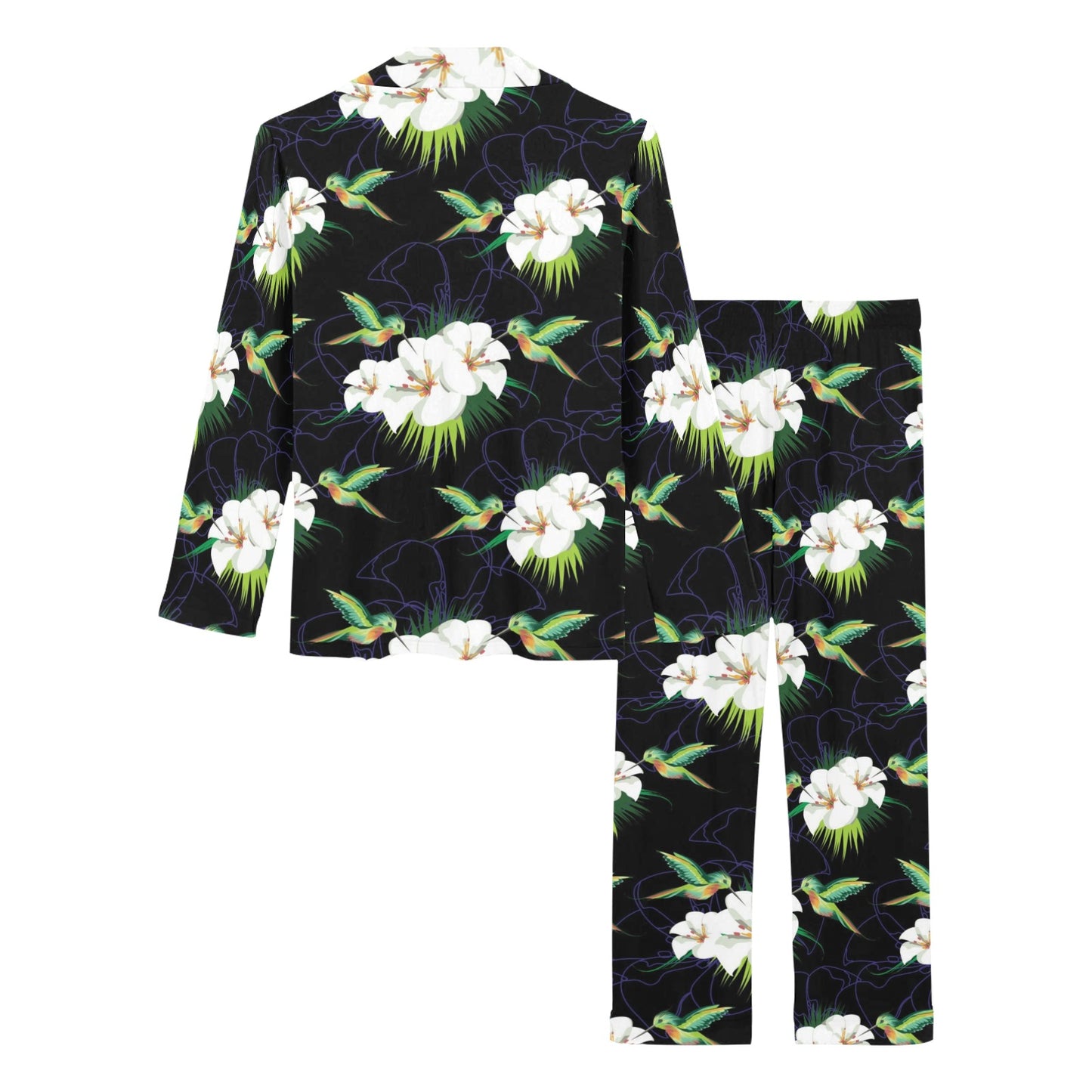 Hummingbird with Flower Pattern Print Design 03 Women's Long Pajama Set