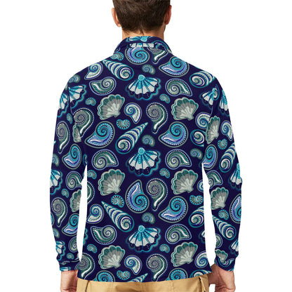 Beach Seashell Blue Print Long Sleeve Polo Shirt For Men's